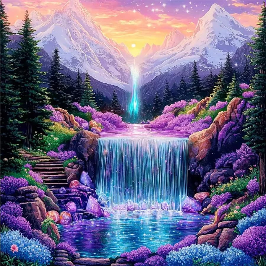 Diamond Embroidery purple Landscape diamond Painting Waterfall Picture Rhinestones Cross Stitch Mosaic snow Mountain Wall decor
