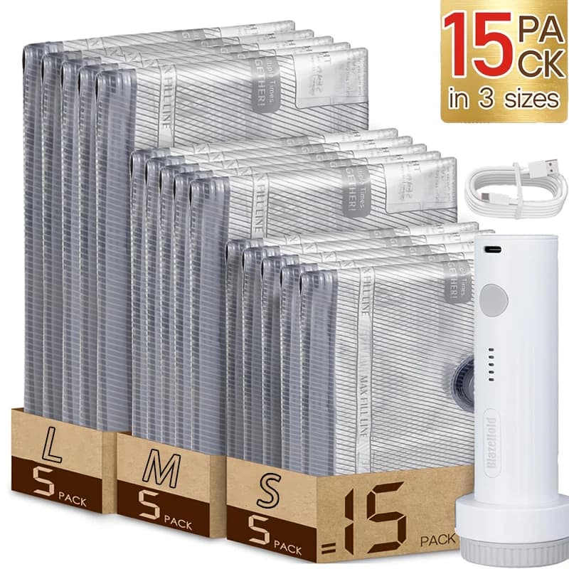 Set of 15 Bags Vacuum Travel with Air Pump Rechargeable, Hand Bag Size, Suit Bags for Clothes and Bags