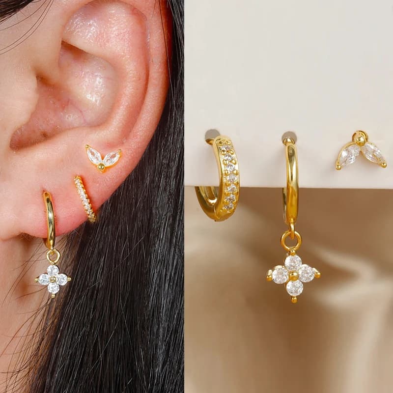 3 pezzi squisiti orecchini pendenti con zirconi colorati set da donna in acciaio inossidabile fiore ciondola orecchini a cerchio gioielli penetranti della cartilagine