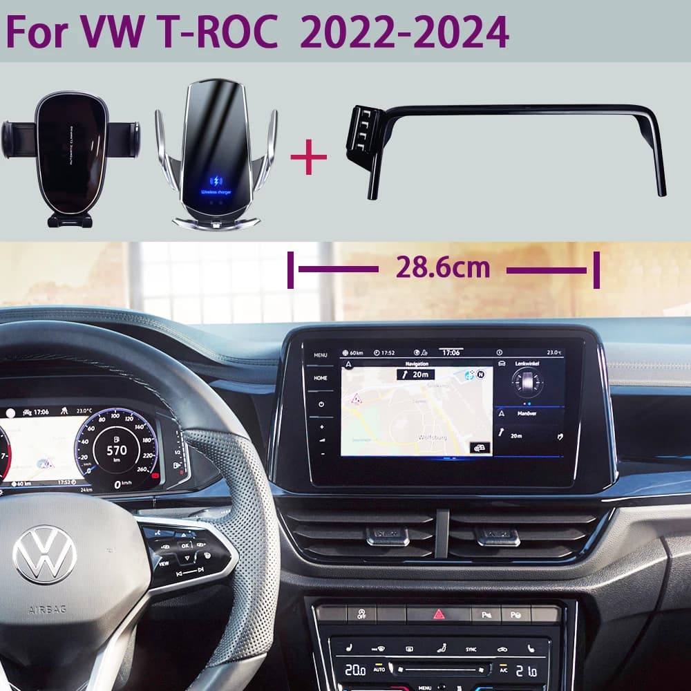 Supporto Del Telefono Per Auto Per Volkswagen TRoc T-Roc 2022 2023 2024 Schermo Fisso Staffa Del Telefono Caricatore Senza Fili Del Basamento di Supporto Del Telefono Per Auto