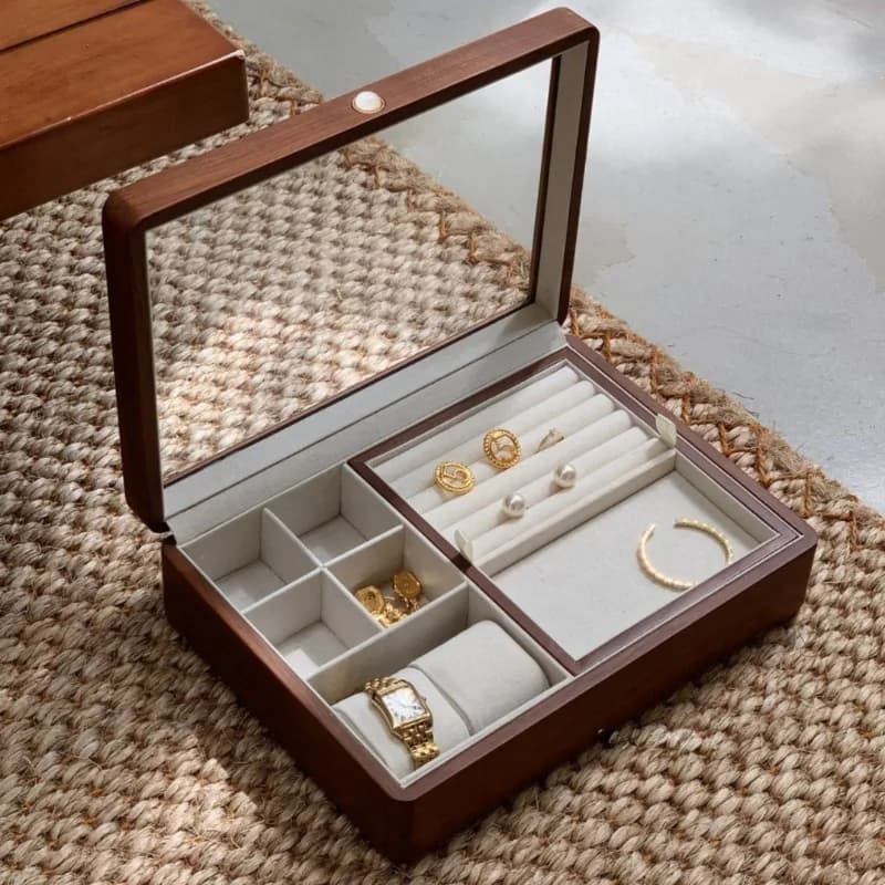 Solid Wood Jewelry Storage Box Travelling Jewellery Display Case Portable Necklace Earring Boxes Transparent Bracelet Ring Cases