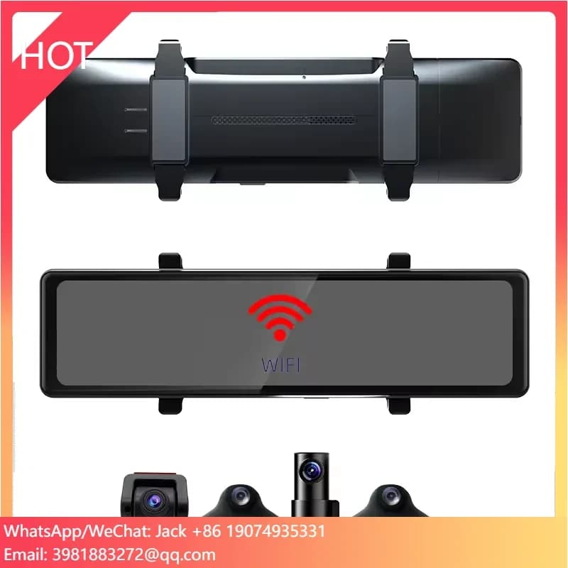 360 Degree Auto Camera with Retrovisor Mirror, 12-inch Touch Screen, 4 Objectives, DVR Video Recorder for Car, WiFi Camera with App and 128G Memory