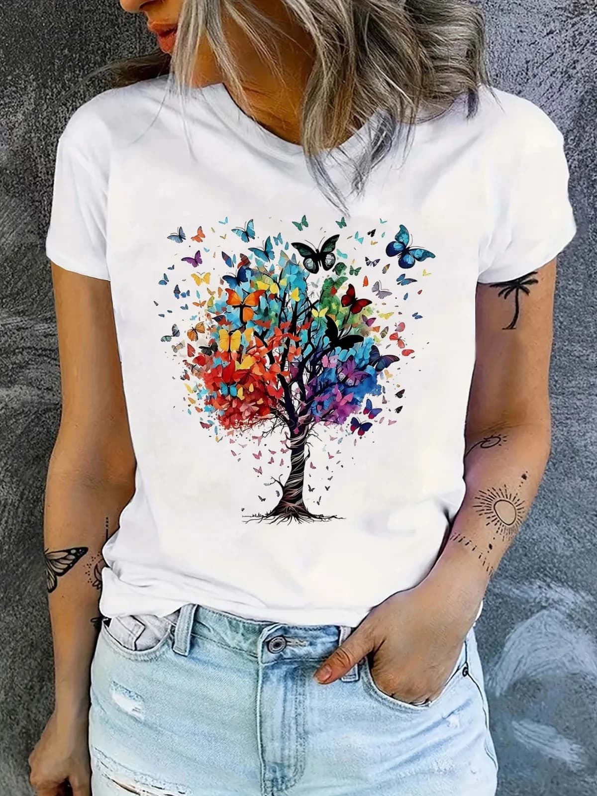 T-shirt da donna casual in cotone moda farfalla con motivo a lettera stampata girocollo a maniche corte adatta per top regalo per feste