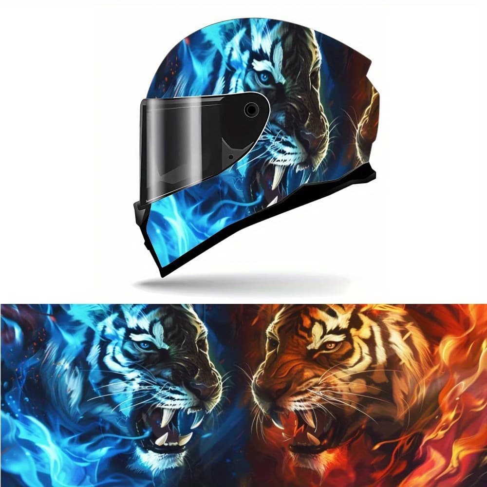 Vernice per casco con motivo tigre di ghiaccio e fuoco feroce: etichetta impermeabile e staccabile per caschi da moto, resistente ai graffi, Univer