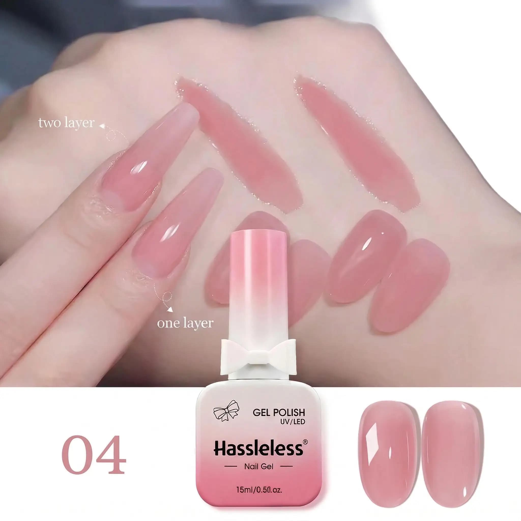 Boccetta in vetro da 15 ml Hassleless, smalto trasparente rosa nude, nuovo smalto gel rosa trendy 2026.