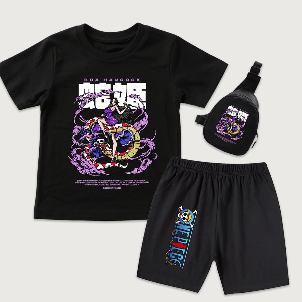 One Piece Boa Hancock Print Kids Outfit Cotton T Shirt Shorts Set with Mini Chest Bag 3 Pieces for Boys Girls Daily Wear Summer