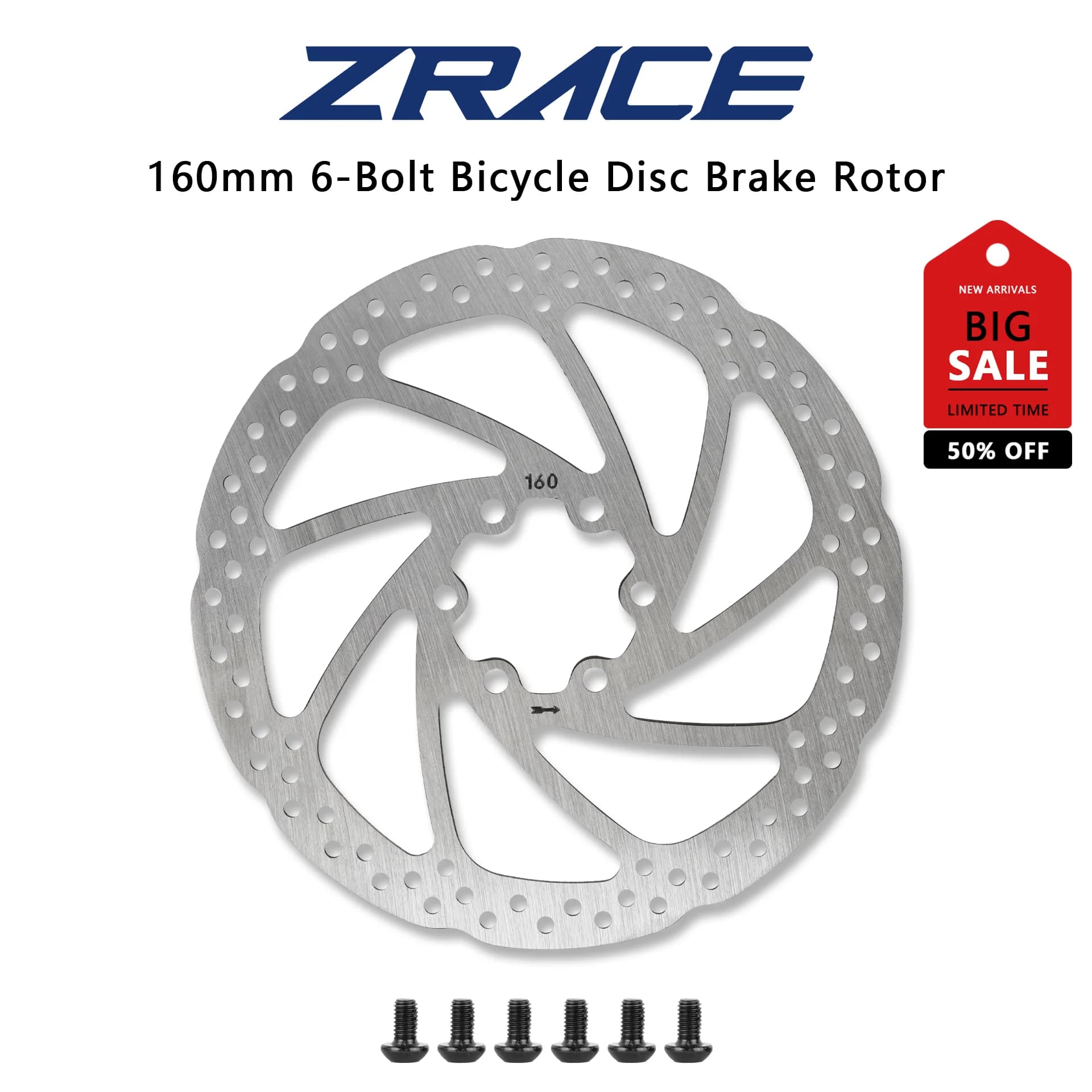 ZRACE 160mm 6-Bolt Disc Brake Rotor Stainless Steel Bicycle MTB Road Bike Hydraulic Brake Disc Rotor with Bolts