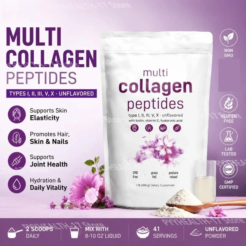 Multi Collagen Peptides Powder Types I II III V with Biotin Vitamin C & Hyaluronic Acid Supports Skin Hair Nails for Men Women