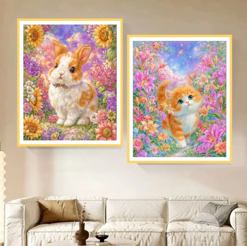 9ct 65x80cm Rabbit Cat Embroidery DIY Printed Kit Cross Stitch Needlework Set Home Decor Crafts With Needles Flowers