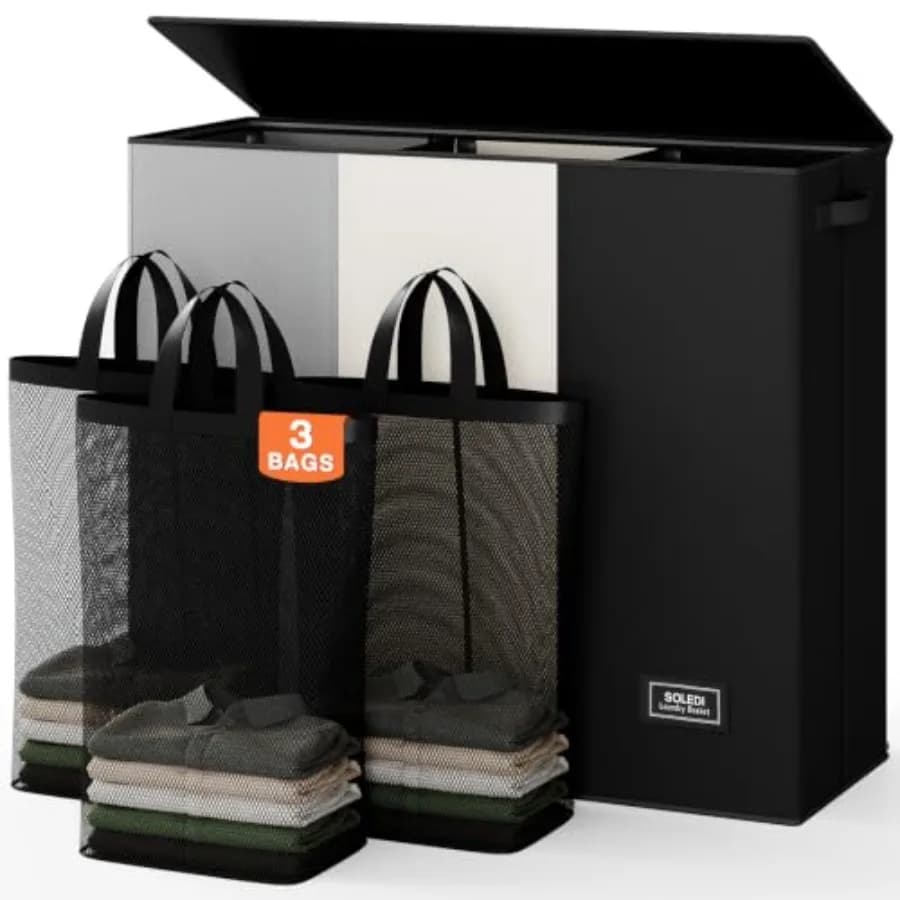Laundry Hamper 3 section with lid and 3 Pcs Bag, Large Hamper 3 compartment, Laundry Basket Laundry sorter Clothes hamper for L