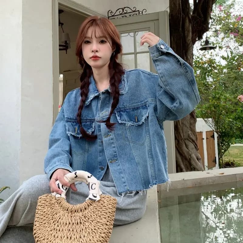 Casual Style Loose Fit Short Denim Jacket Women's Fashion Versatile Age-Defying Button-Up Top Polyester Fiber Long Sleeve