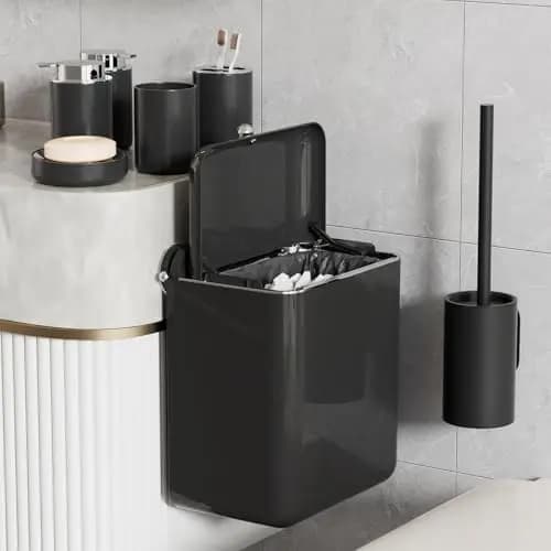 Set da Bagno Nero da 7 Pezzi con Cestino a Ventosa e Organizzatori