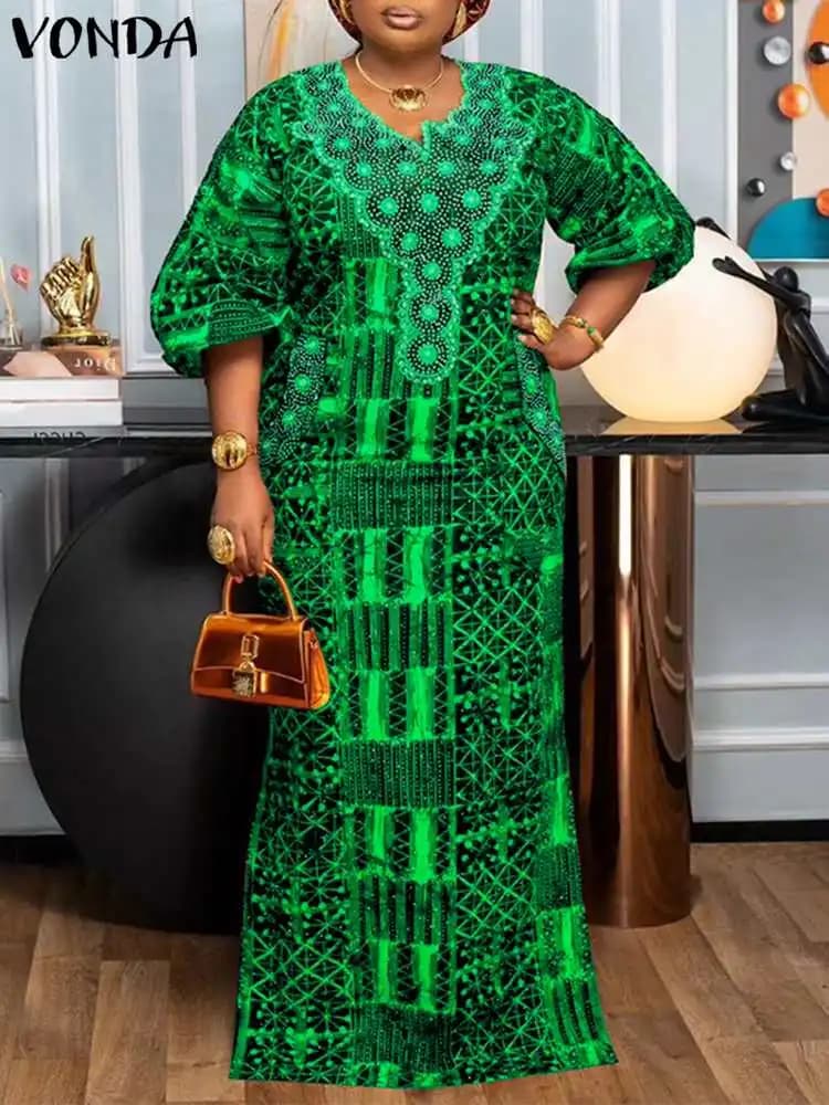 Plus Size 5XL VONDA Bohemian Autumn Women Long Dress 2025 Printed Sundress Fashion Puff Sleeve V Neek Loose Casual Vestidos Robe
