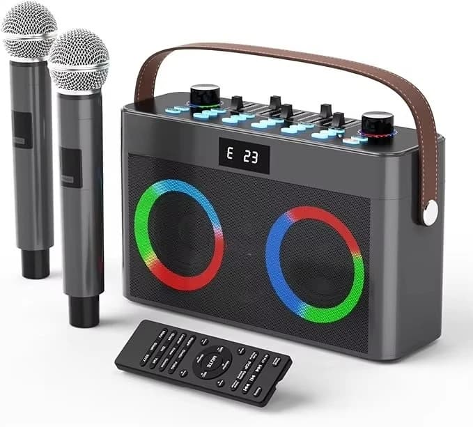 Portable Bluetooth Karaoke Machine Speaker with 2 Wireless Microphones + Handle Strap, LED Lights, TF Card