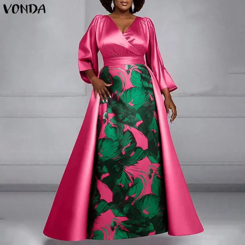 VONDA Elegant Long Dresses in Satin Plus Sizes up to 5XL for Women, Summer Dresses with Floral Print and Patchwork for Party, Fashion 2025 with V-neck