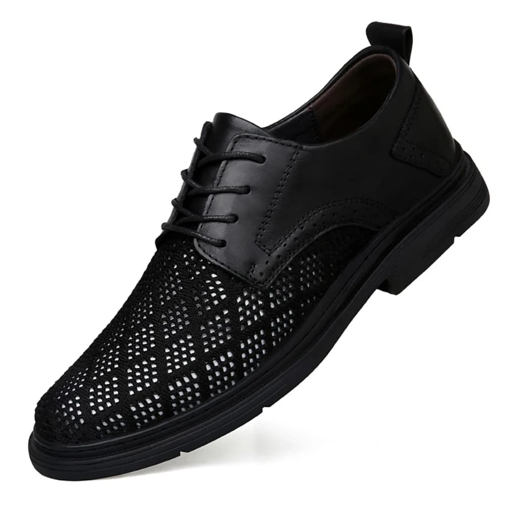 Men's Lightweight Mesh & Leather Oxford Shoes, 360° Breathable Design, Durable Non-slip Sole Formal Casual Shoes for Hot Weather