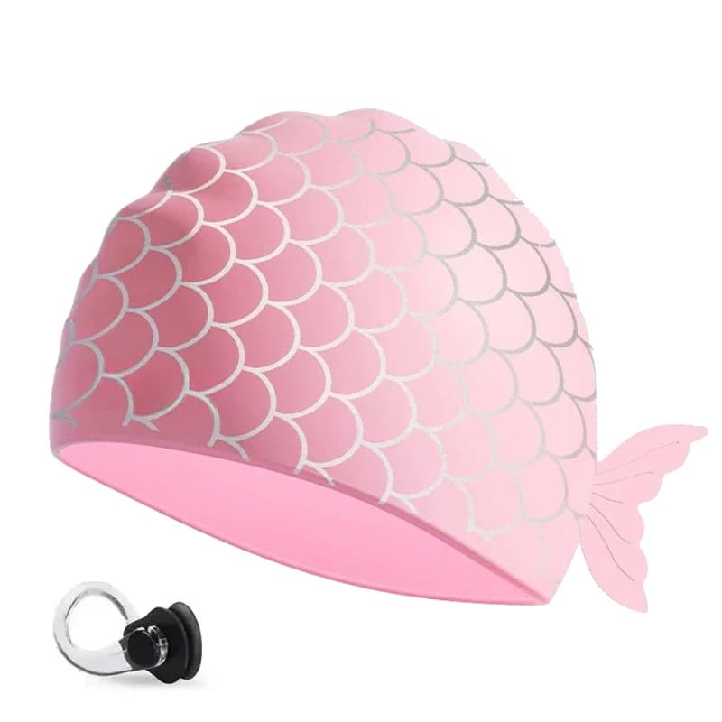 Kids swimming head with fish tail, nose clip, waterproof bath head for long and short hair