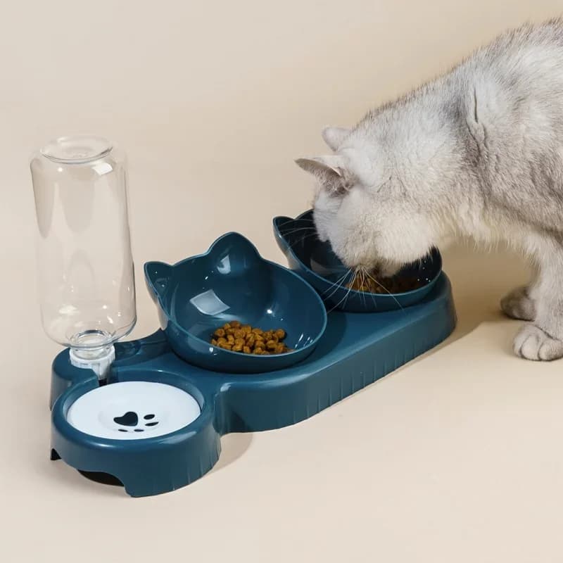 P1PCS Pet Bowl With Water Feeder3-in-1 Ear Design Tilting Cat Water And Food Bowl With Gravity Water Bottle For Neck Protection