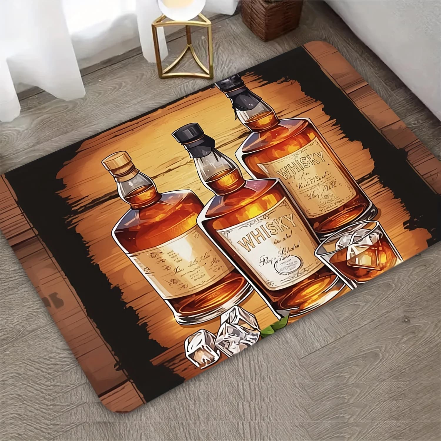 Tappeto morbido in flanella con zerbino per bottiglia di whisky vintage, tappeto per porta lavabile in lavatrice antiscivolo con struttura in legno invecchiato per bar di casa