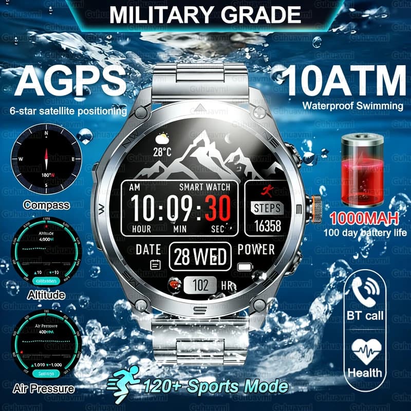 Men's Smartwatch with AMOLED Screen from 1.75'', Waterproof 10ATM, compass, GPS, Bluetooth calls, 1000mAh Large Battery, Sporty Bracelet