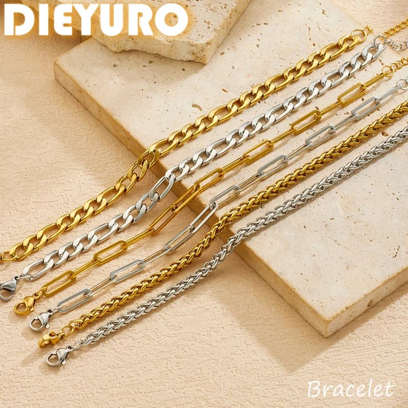 DIEYURO Set di 3 Bracciali a Catena in Acciaio Inox 316L Dorato, Stile Punk, Semplici, Multistrato, Impilabili, Gioielli da Donna