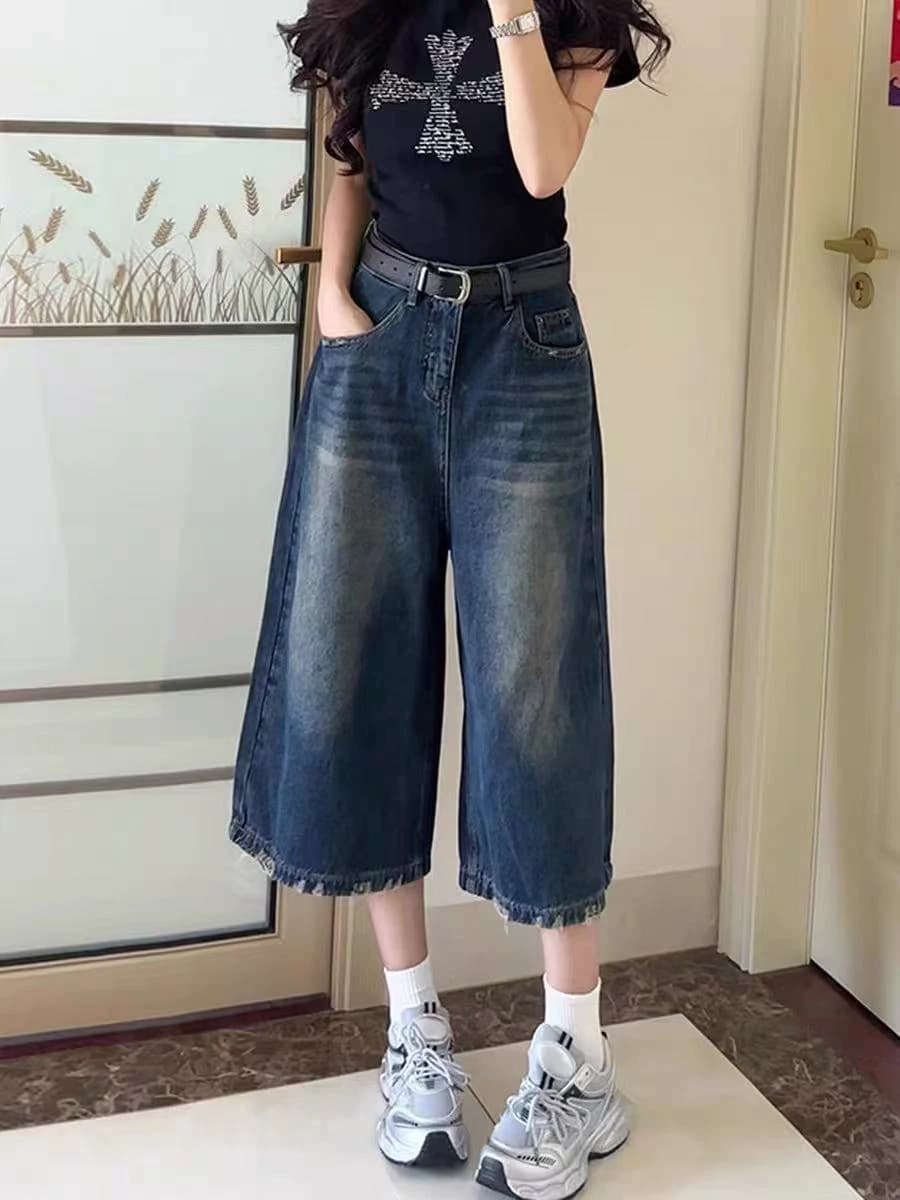 plus Size High Waist Loose Fit Blue Denim Jeans Women's Summer Wide Leg Seven Inch Straight Cut Trousers Fashionable plus Size