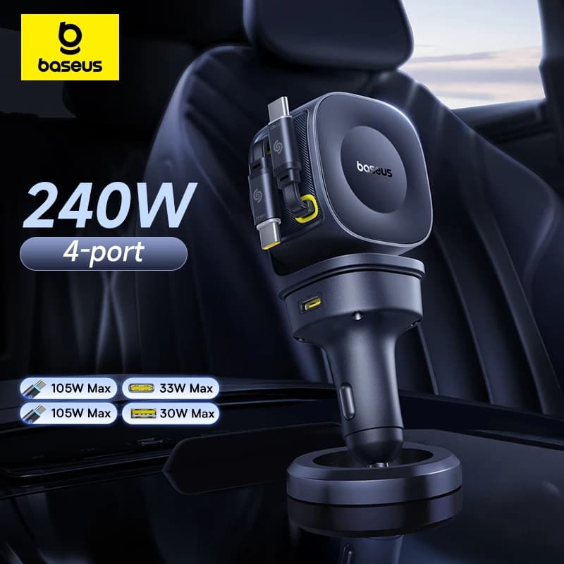 Baseus Caricabatteria da auto da 240 W 4 porte Cavo retrattile integrato Caricatore per telefono da auto USB tipo C a ricarica rapida per Samsung iPhone Xiaomi