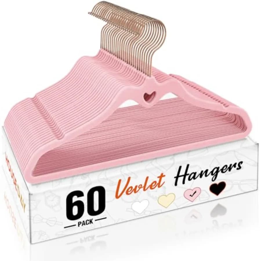 Confezione da 60 appendiabiti in velluto, appendiabiti in feltro floccato antiscivolo, appendiabiti in velluto robusti, appendiabiti a cuore carino per carichi pesanti, ultra resistenti