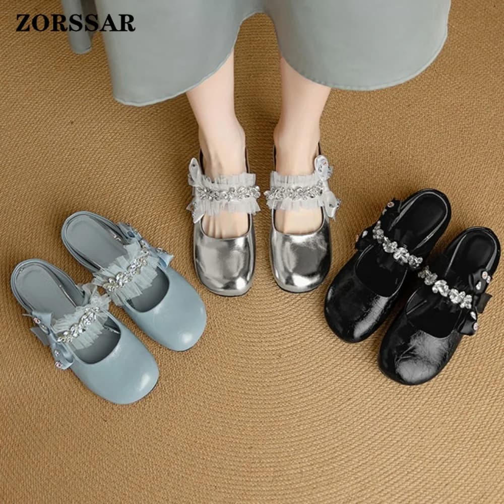 Women's Flat Mules Slippers, Square Toe Mary Jane Slides with Lace Rhinestone Bow,Summer Fashion Slip-on Sandals for Ladies