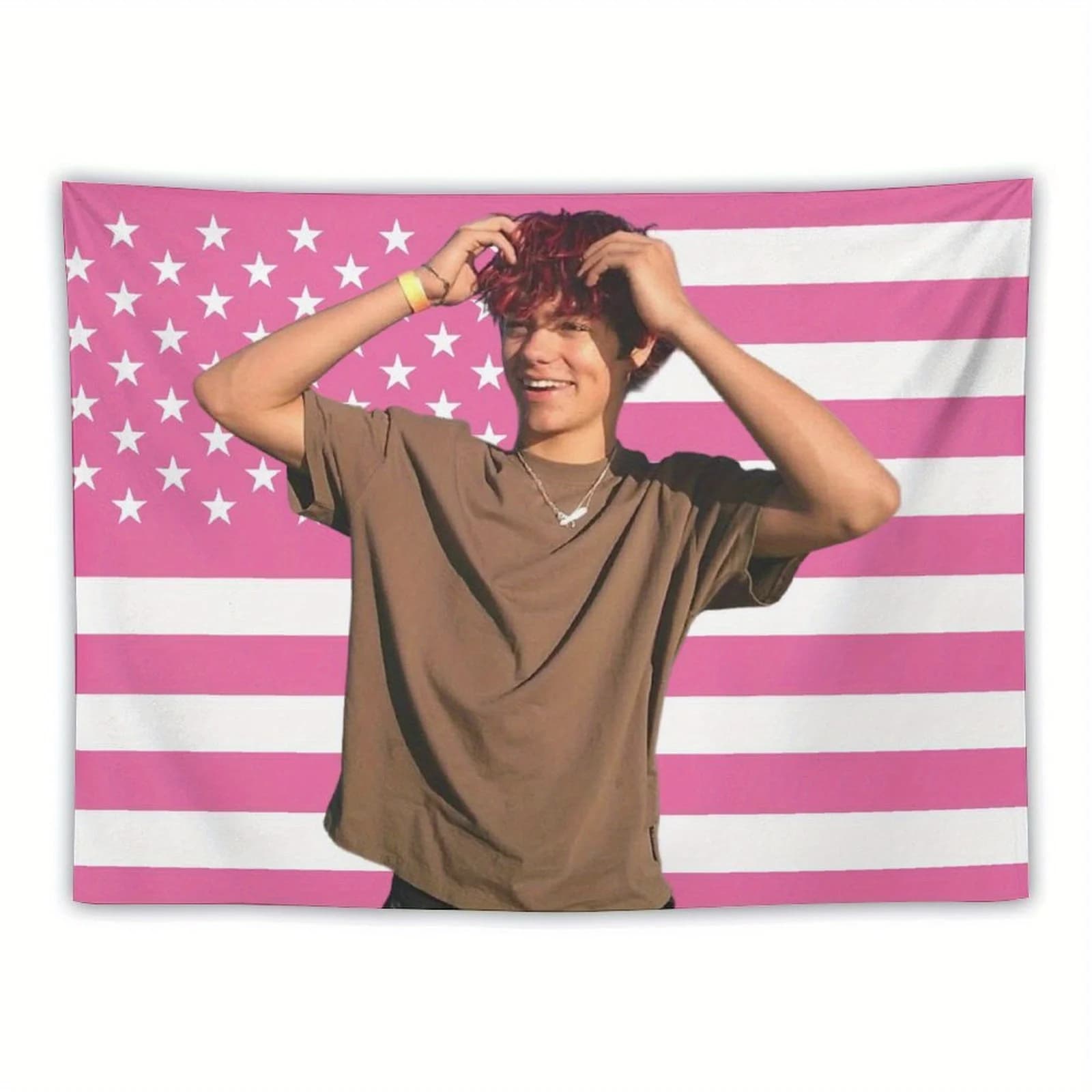 A Malachi Barton American Flag Tapestry Vibrant Pink Red Stars Stripes Wall Decor Horizontal Fabric Wall Hanging White Stars
