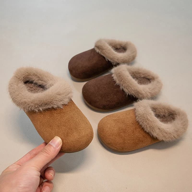 Toddler Girls Cozy Plush Lined Leather Slippers 2025 New Winter Kids Warm-lined Casual Flats Anti-slippery Simple Versatile