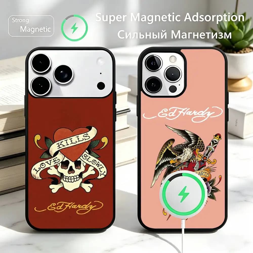 Custodia per telefono Fashion E-Ed Hardy Brands per iPhone 17, 16, 15, 14, 13, 12, 11 Plus, Pro, magnetica per ricarica wireless MagSafe