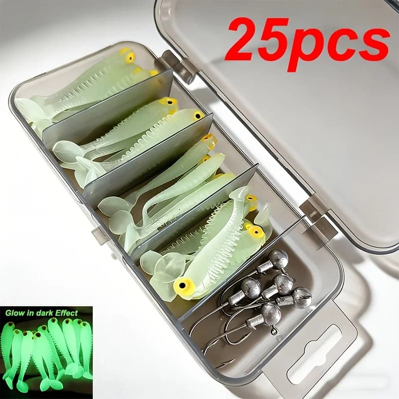 25-Piece Fishing Lure Set with Big-Eye Fish Soft Baits and Lead Head Hooks, Lure Fishing Baits, Fishing Tackle, Fishing Accessories, Fishing Gear with Accessory Box