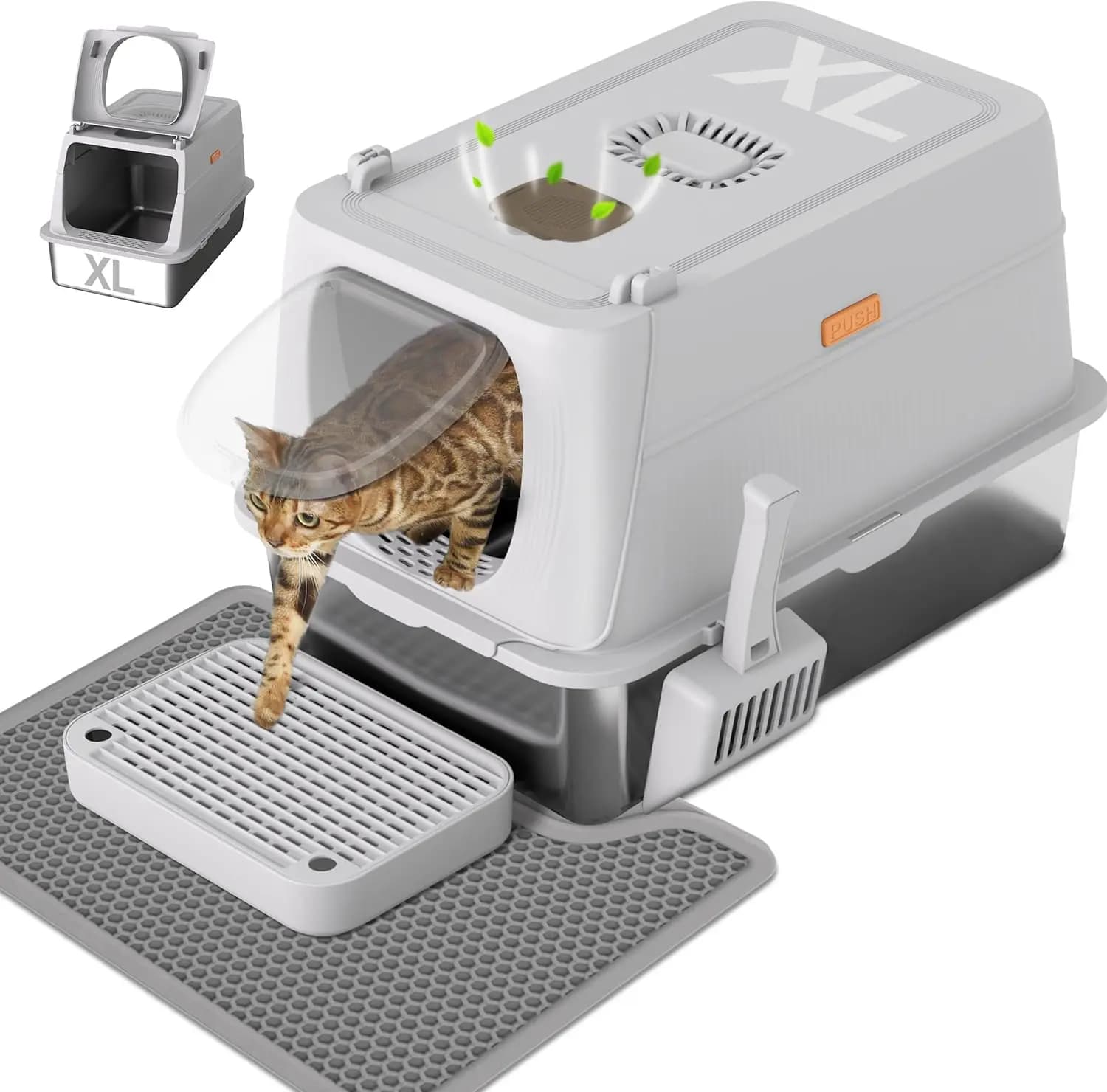 Lettiera per Gatti XL in Acciaio Inossidabile con Coperchio, Chiusa, Antiaderente, Facile da Pulire, Include Paletta e Tappetino, Grigia