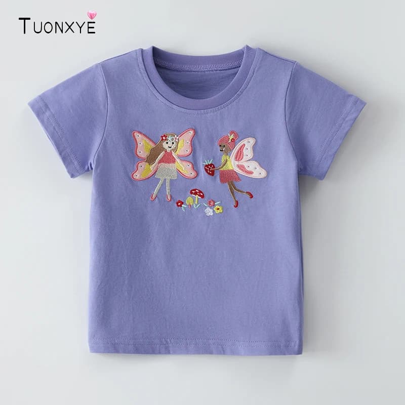TUONXYE T-shirt estiva in cotone per ragazze, manica corta, girocollo, simpatico ricamo a forma di fungo, viola, per bambini, casual