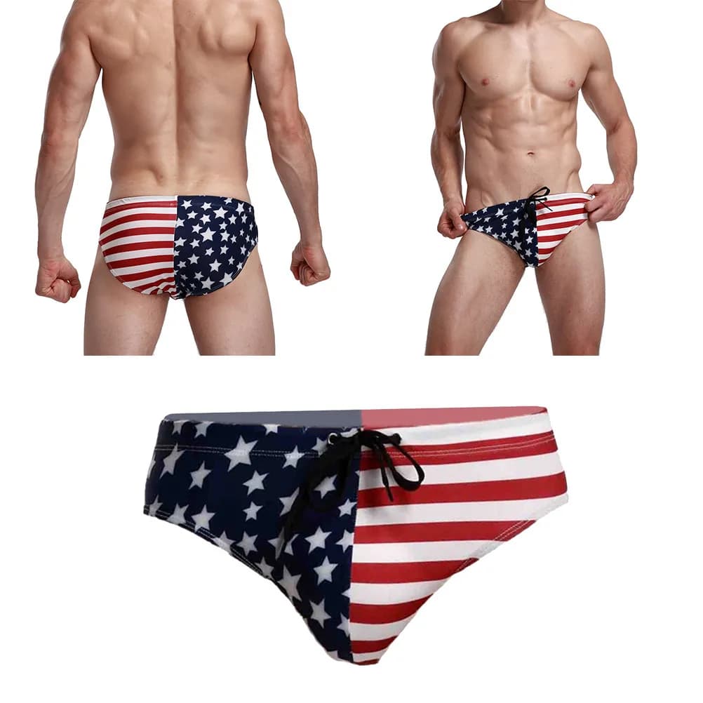 Men Usa Flag Printing Beach Brief Sexy Triangle Swimwear Bikini Briefs Beach Sport Swimsuit Size S Blue Comfortable Breathable