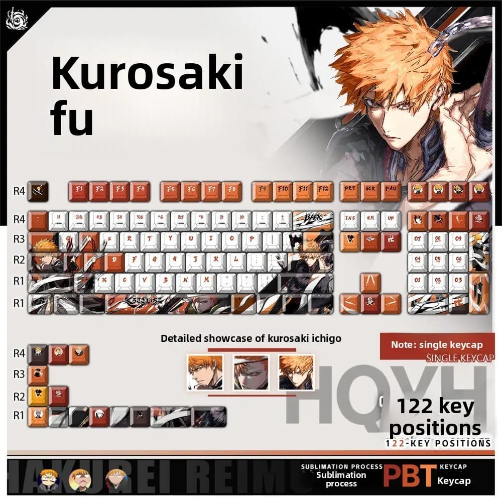 Anime Bleach Ichigo Kurosaki Keycaps, OEM Height PBT Dye-Sub Transparent Mechanical Keyboard Keycap, 122 Keys Decor Gift