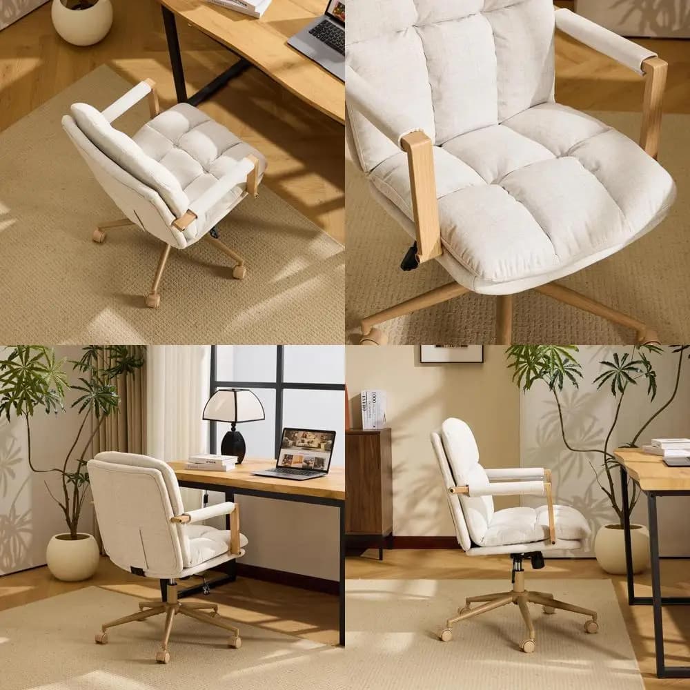 Swivel Desk Chair with Wheels, Detachable Cushions, and Wood-Like Armrests - Adjustable Computer Task Chair for Study, Makeup, a