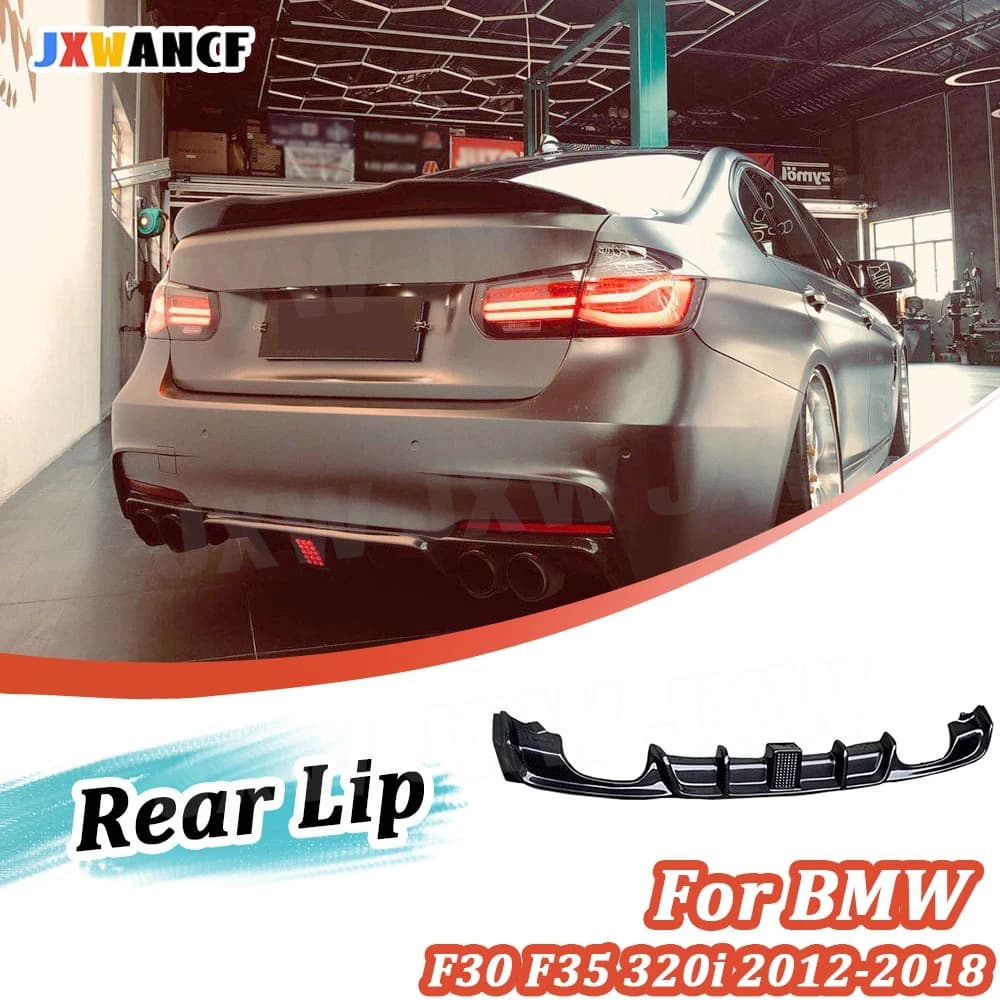JXWANCF Serie 3 Diffusore per labbro paraurti posteriore in fibra di carbonio con luce a LED per BMW F30 F35 320i 328i 335i M Sport 2012-2018 4 prese