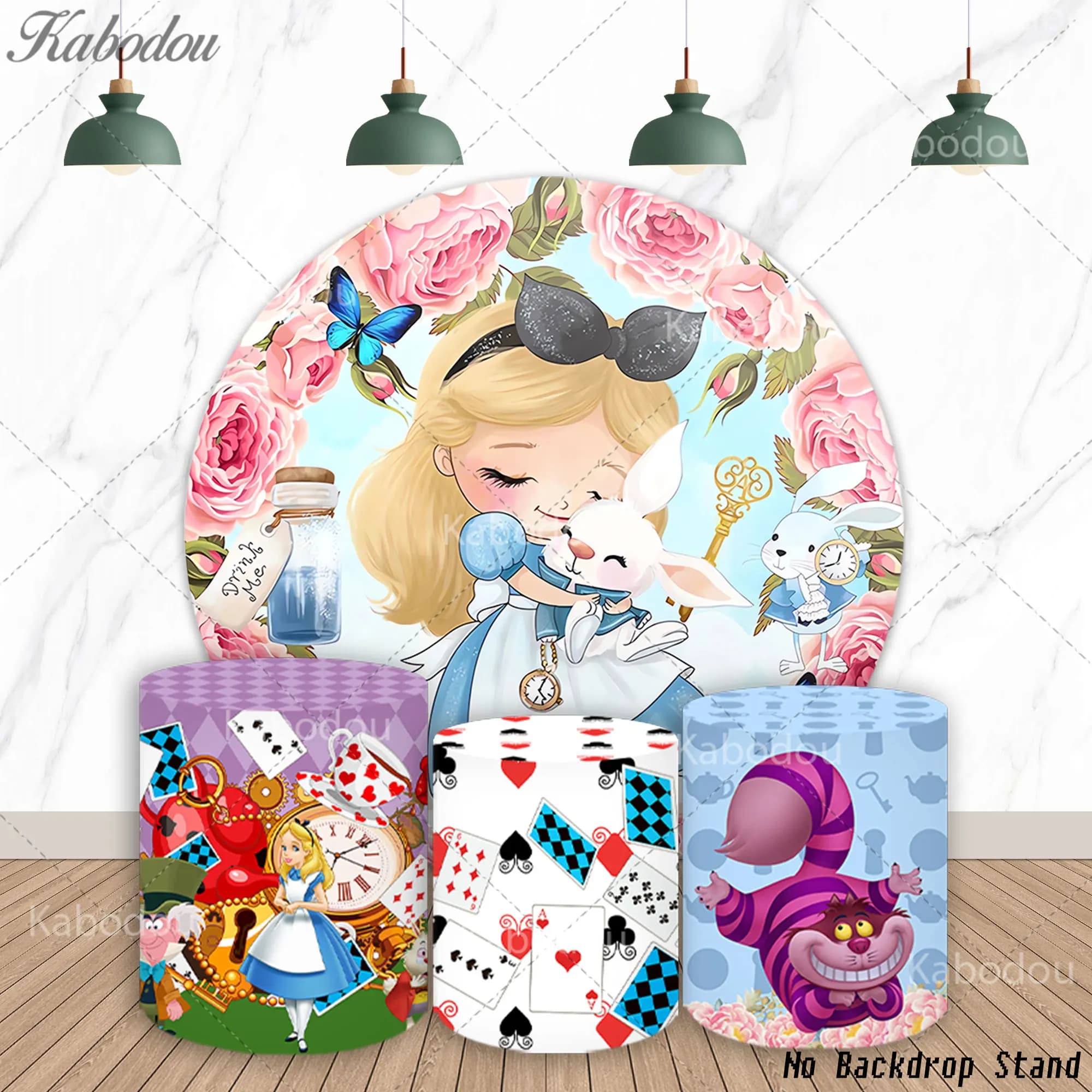 Sfondo Rotondo Alice nel Paese delle Meraviglie per Compleanno Bambina, Baby Shower, Festa all'Aperto, con Gatto del Cheshire e Carte da Gioco, Copertura Cilindrica