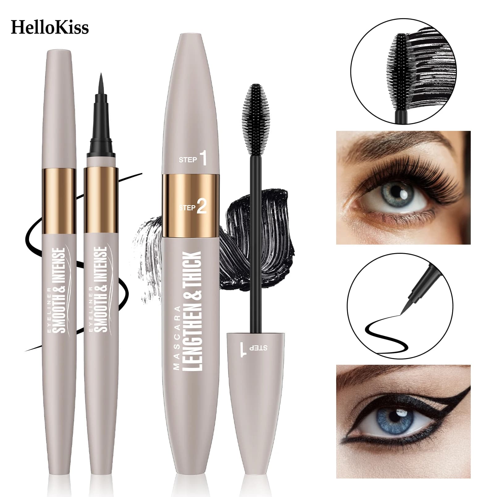 Waterproof and sweat resistant eyeliner, elongating and volumizing mascara, combined set of mascara and eyeliner