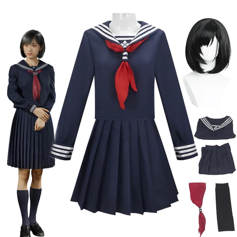 Costume Cosplay Hinako Shimizu with Wig and Mask, Uniform Sculpture Blue Navy Red Blood, JK Dress for Role Games, Halloween and Feste