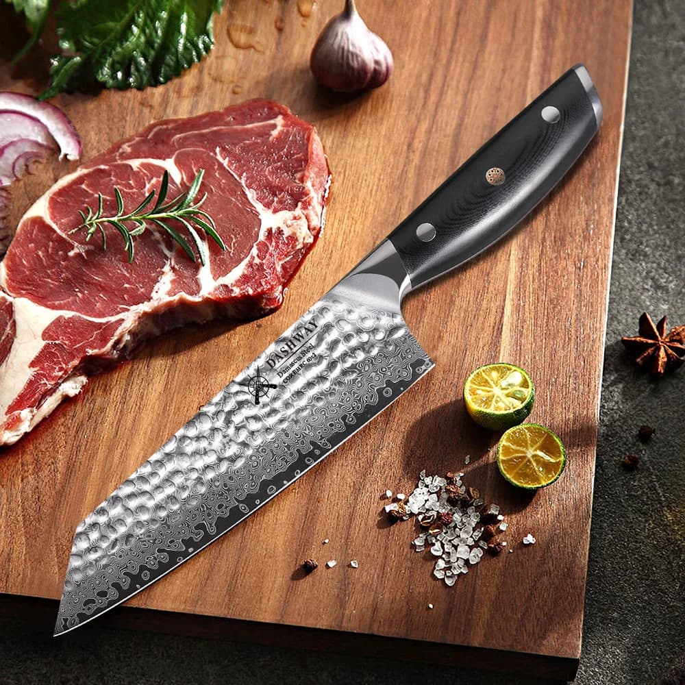 Coltello Bunka Giapponese DASHWAY da 6 Pollici in Acciaio Damascato, Coltello Professionale da Cucina Kiritsuke per Affettare Carne, Frutta e Uso Generale