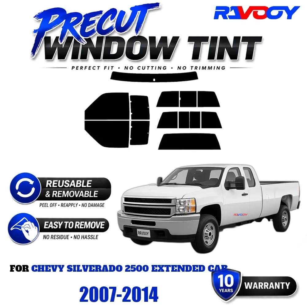 Precut Window Tint, Reusable Removable EPU Film, Custom Fit for Chevy Silverado 2500 Extended Cab 2007-2014, UV Heat Protection
