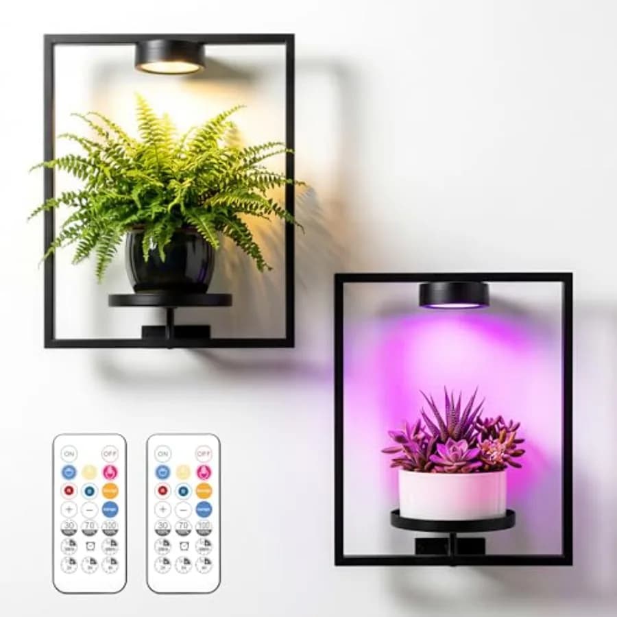 Supporto da Parete per Piante con Luce di Crescita, Confezione da 2, Mensola a Cornice con Luci LED Ricaricabili per Piante da Interno, Nero