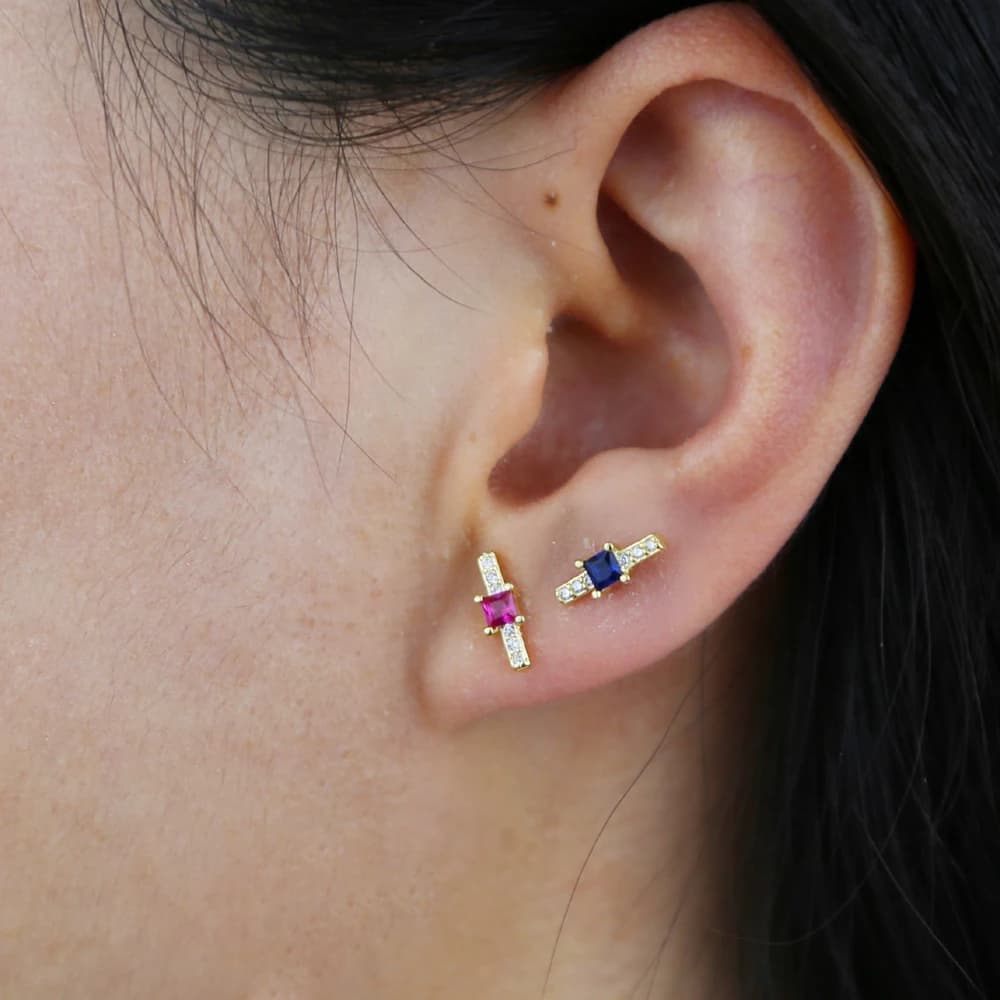 Rectangle Shape with Square Cz Stud Earrings for Women Pave White/Pink/Green/Blue Cubic Zircon Gold Plated Color Fashion Jewelry