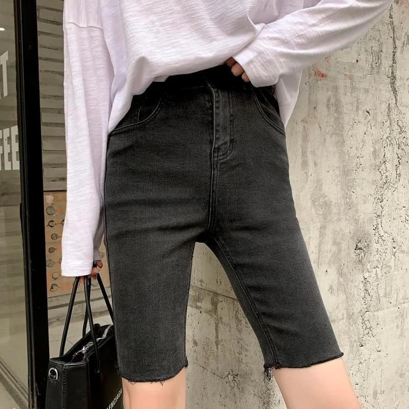 High Waist Five-Quarter Denim Shorts Women's Fitting Elastic Cycling Pants Cotton Stretch Denim High Waist Short Pants Deep C...