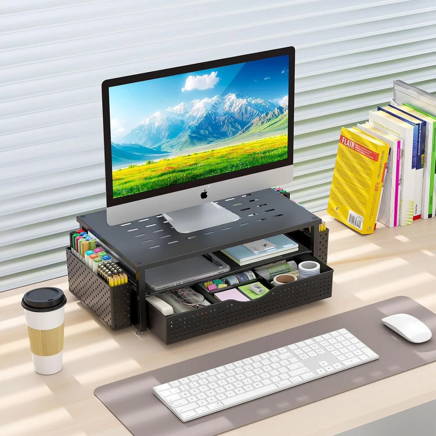 Monitor Stand with Drawer Storage Holder Metal Office Desk Stationery Storage Shelf Home Organization Room Accessories