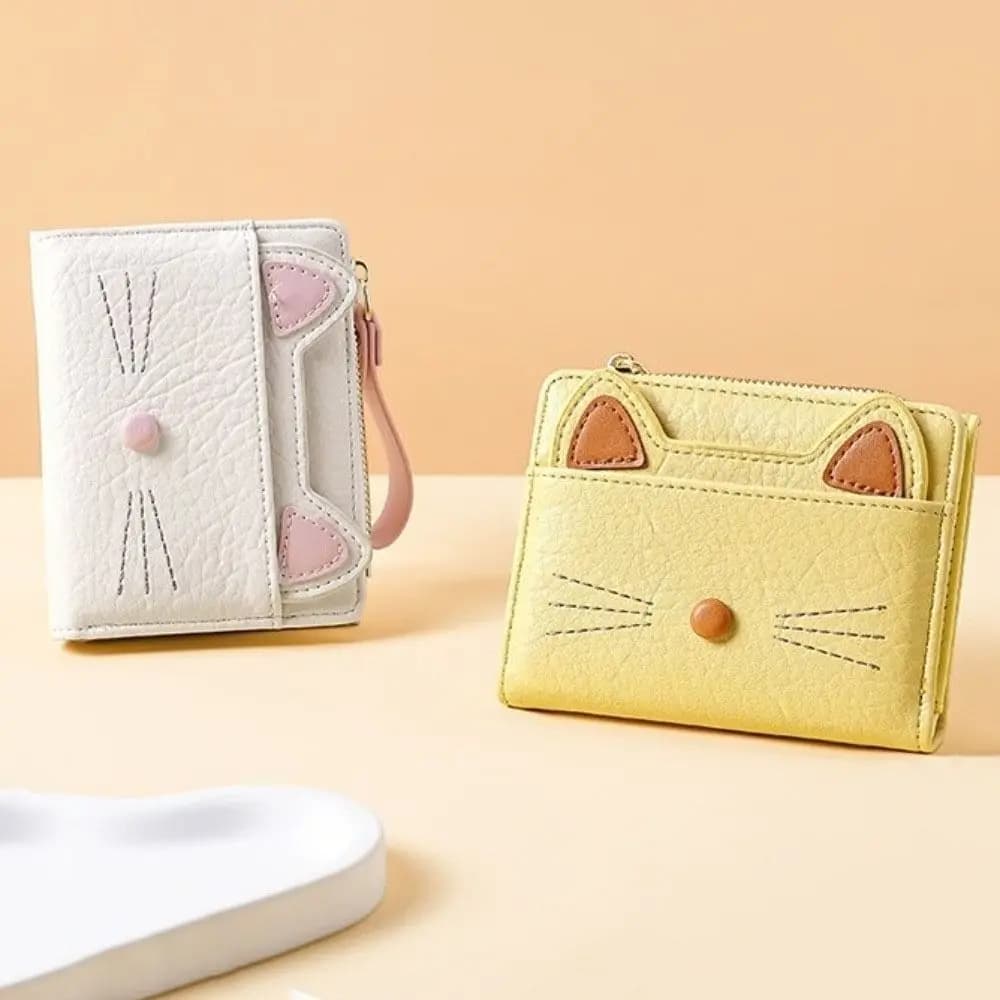 Portafoglio Corto alla Moda con Gatto, Multi-Scomparto, con Cerniera, Stile Coreano, in Pelle PU, Porta Carte Studente e Monete per Ragazze