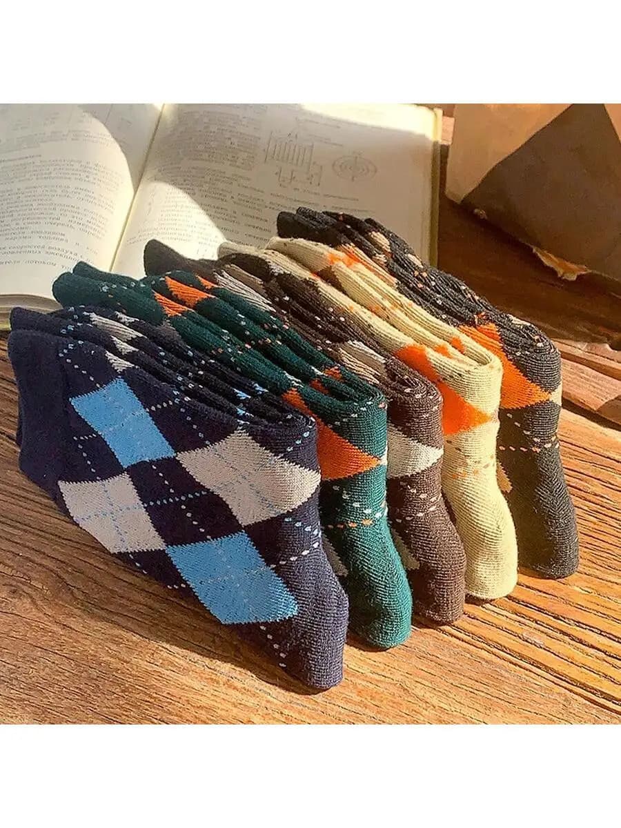 5 Pairs Women Lightweight Mid-Calf Socks Spring Autumn Retro Diamond Pattern Classic Fashion Daily Wear